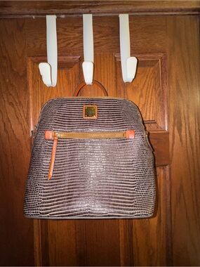 Dooney & Bourke Brown Lizard-Embossed Backpack with Tan Trim